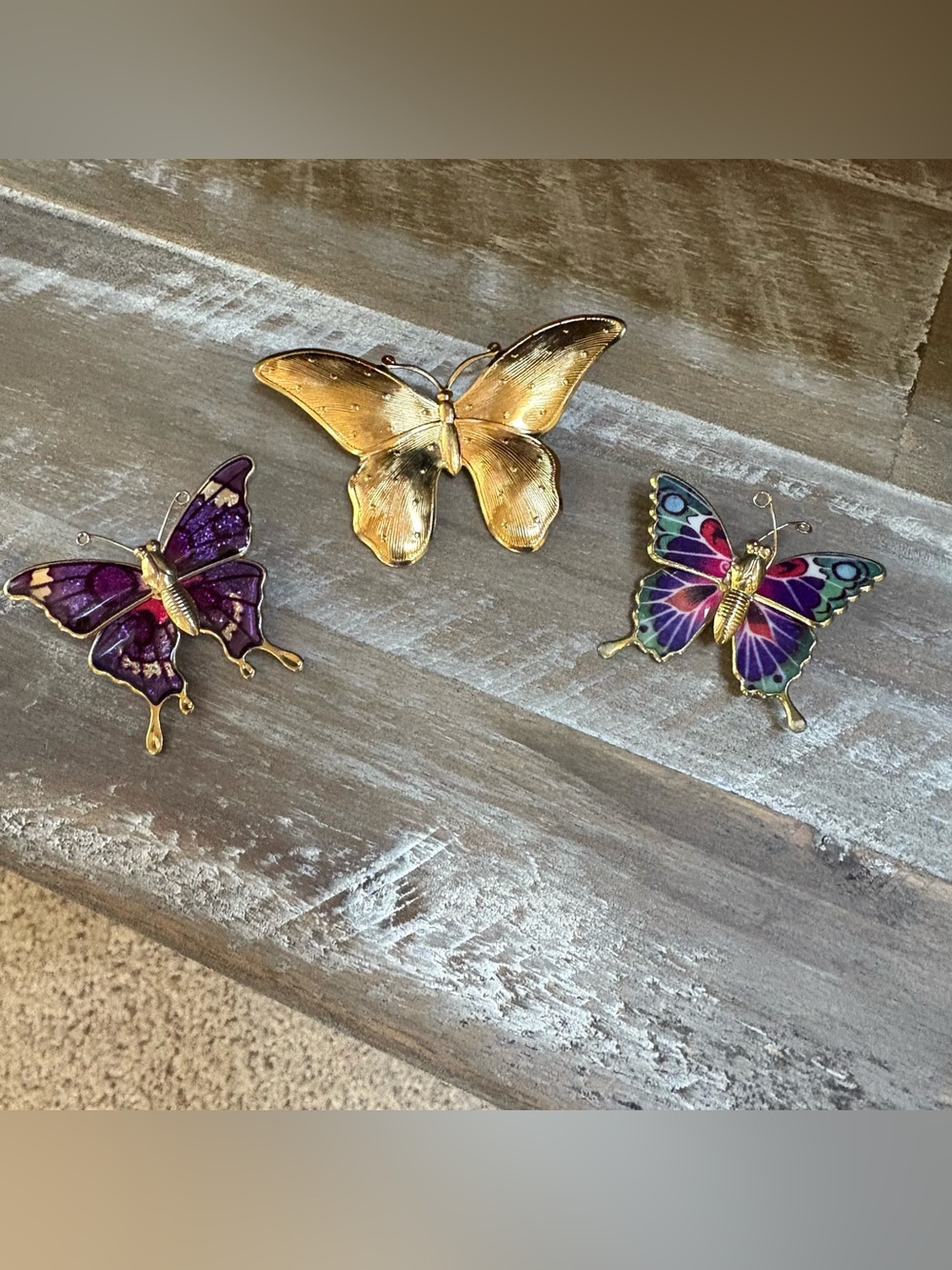 3 Lightweight Metal Butterfly Pins Goldtone Enamel
